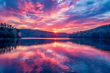 Fototapeta premium A stunning sunset casting vibrant colors over a serene lake nestled among lush trees. Generative AI