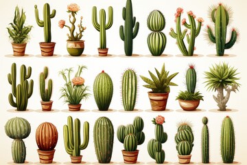Set of various green cacti icons on white background for decorative purposes and illustrations - obrazy, fototapety, plakaty