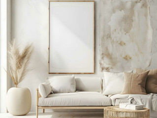 Minimal White Living Room Interior with Blank Poster Frame,Clean and Minimal Living Room with Empty Frame Mock-up - obrazy, fototapety, plakaty