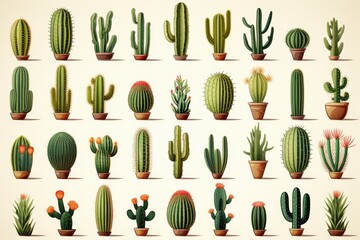 green cactus icons on white background for botanical designs and creative concept