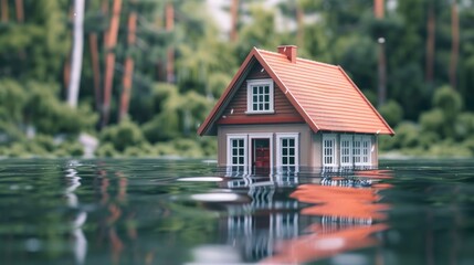 Flood insurance concept with house model submerged in water
