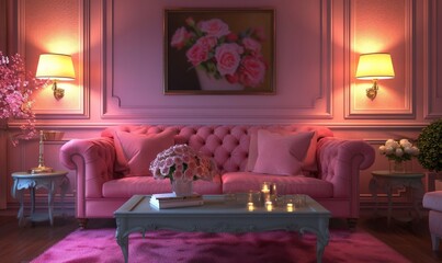 Cozy and vibrant pink living room interior with matching couch, rug, and wall for a chic and stylish look