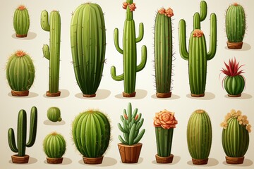 Green cacti icons set on white background, desert plant collection for succulent lovers