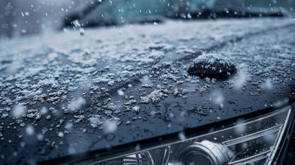 Hailstones next to a damaged car hood