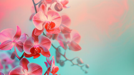 Fototapeta na wymiar Orchid and aqua chaos paint against a peachy coral gradient