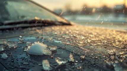 Hailstones next to a damaged car hood