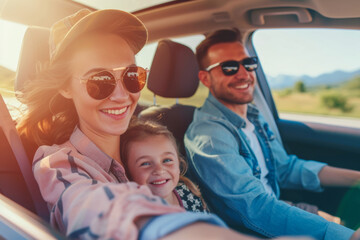A family shares laughter on a sunny road trip, with the child safely strapped in the backseat. Their joy is as bright as the day.