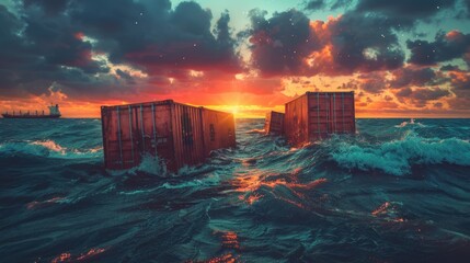 floating cargo containers from logistic cargo ship with wave after big storm. - obrazy, fototapety, plakaty