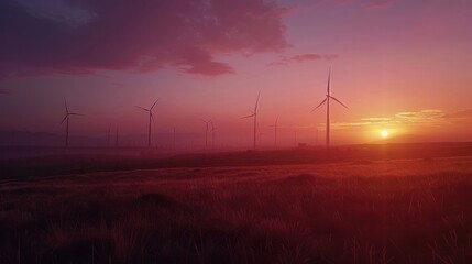 Obraz premium Renewable energy wind farms at sunset