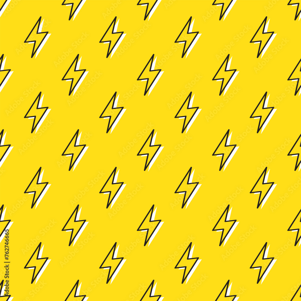 Poster lightning bolts seamless pattern. yellow and black repeating background.
