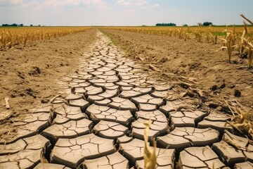 Drought-Stricken Cornfield Pathway. A desolate view down a dry, cracked path in a cornfield, symbolizing severe drought conditions. - obrazy, fototapety, plakaty
