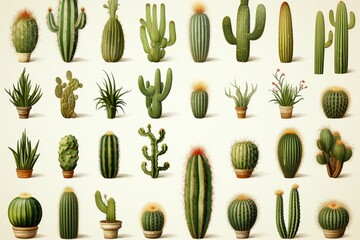 Set of green cactus icons on white background for nature and plant-themed designs