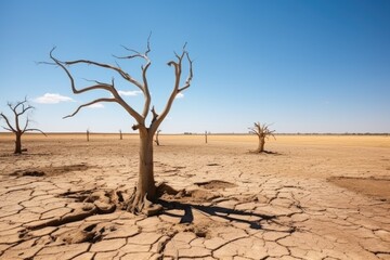 Stark Landscape of Drought-Stricken Trees. Tree skeletons rise from the cracked earth in a desolate landscape under a clear sky.