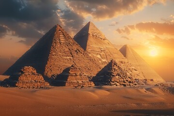 Group of Pyramids in Desert at Sunset - obrazy, fototapety, plakaty
