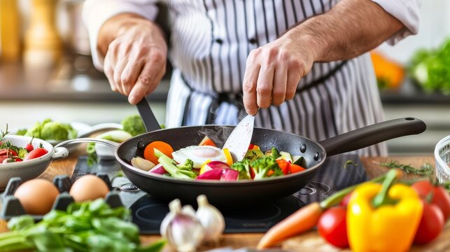 a man in a chef's uniform is cooking vegetables in a frying pan on a kitchen countertop.