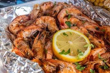Shrimp meal in a restaurant at Al Mina Market  in Abu Dhabi, United Arab Emirates. - 762747831