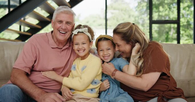 Grandparents, children and happy in lounge, laugh and excited for family picture on couch. People, grandmother and grandfather with young girls on sofa to relax, bonding and hugging together in house