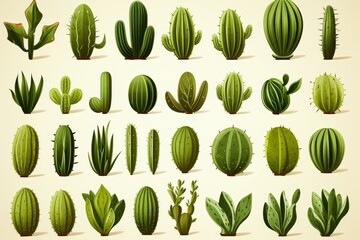 Assortment of green cactus icons on white background for graphic design projects