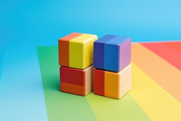 Obraz premium Stacked wooden cubes in vibrant colors against a blue backdrop. Colorful Wooden Blocks on Blue Background