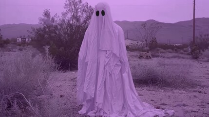 a ghost standing in the middle of a field with a purple sky in the background and mountains in the distance.