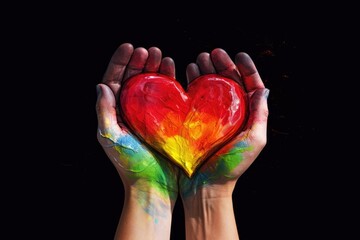 Vibrant painted heart cradled in hands against darkness. Colorful Heart in Human Hands