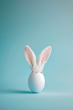 White broken egg with fluffy Easter bunny ears breaking out. Blue background