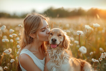 Blonde woman kissing her dog in nature.