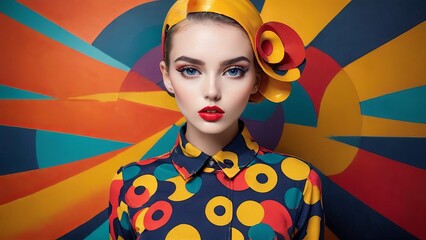 Pop Art Fashion: Model with Bold Makeup and Colorful Backdrop
