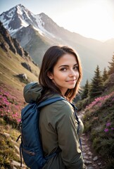Naklejka premium Mountain Trekker: Young Woman Enjoying Alpine Beauty