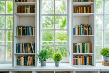 Bright and peaceful home library nook with shelves full of books beside a large window overlooking greenery. This space is ideal for readers who cherish natural light and a quiet corner for reading - obrazy, fototapety, plakaty