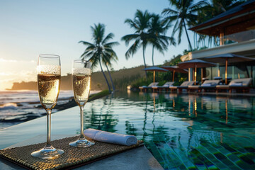 Fototapeta na wymiar Toasting to paradise with champagne by an infinity pool at a luxurious tropical retreat. Generative AI.