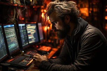 Fototapeta na wymiar Man Working at Three Computer Monitors