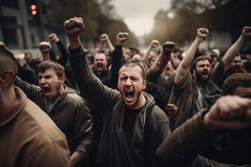 Crowd of people protesting on a street - obrazy, fototapety, plakaty