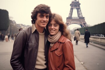 Caucasian couple smiling at Eiffel Tower in Paris in 1970s