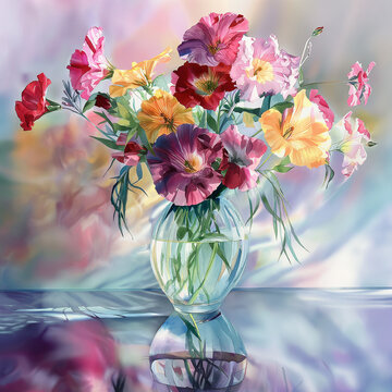 Vibrant Watercolor Wildflowers in Glass Vase, Artistic Floral Composition