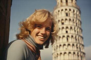 Woman smiling at tower of pisa in Italy in 1970s