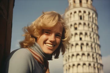 Photo sur Plexiglas Anti-reflet Tour de Pise Woman smiling at tower of pisa in Italy in 1970s
