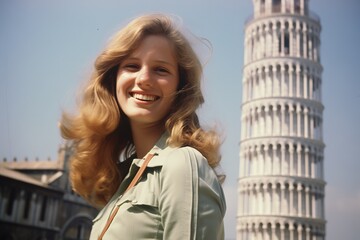 Woman smiling at tower of pisa in Italy in 1970s - obrazy, fototapety, plakaty
