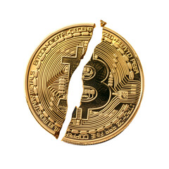 Bitcoin’s Golden Coin Broken: A Cryptocurrency Halving Aftermath, Isolated on Transparent Background, PNG - obrazy, fototapety, plakaty