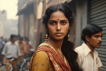 Young woman serious face on city street in 1970s