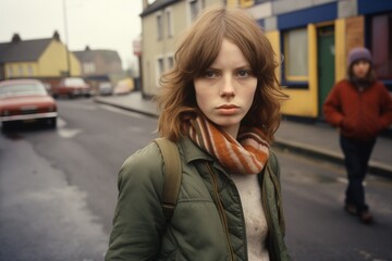 Fototapeta premium Young woman serious face on city street in 1970s