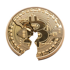 Broken Bitcoin Golden Coin: The Cryptocurrency Halving, Isolated on Transparent Background, PNG - obrazy, fototapety, plakaty