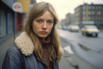 Fototapeta premium Young woman serious face on city street in 1970s