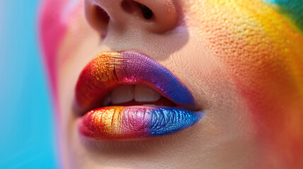 lgbtq concept, a woman wearing rainbow color lipstick 