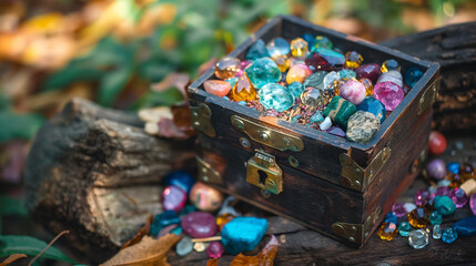 reasure Chest Overflowing with Colorful Gems, Vintage Chest, Autumn Forest Setting