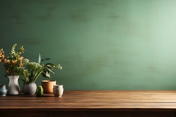 Empty wooden table with vases and coffee cup. Mock up, 3D Rendering