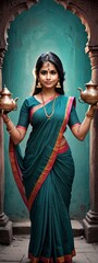 Traditional Indian Woman in Saree Holding Brass Pots