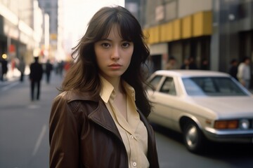 Fototapeta premium Young woman serious face on city street in 1970s