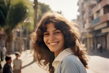 Young woman smiling on city street in 1970s - obrazy, fototapety, plakaty