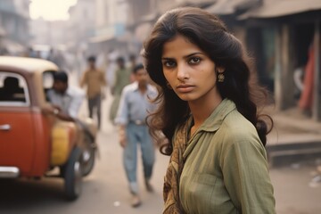 Young woman serious face on city street in 1970s - obrazy, fototapety, plakaty